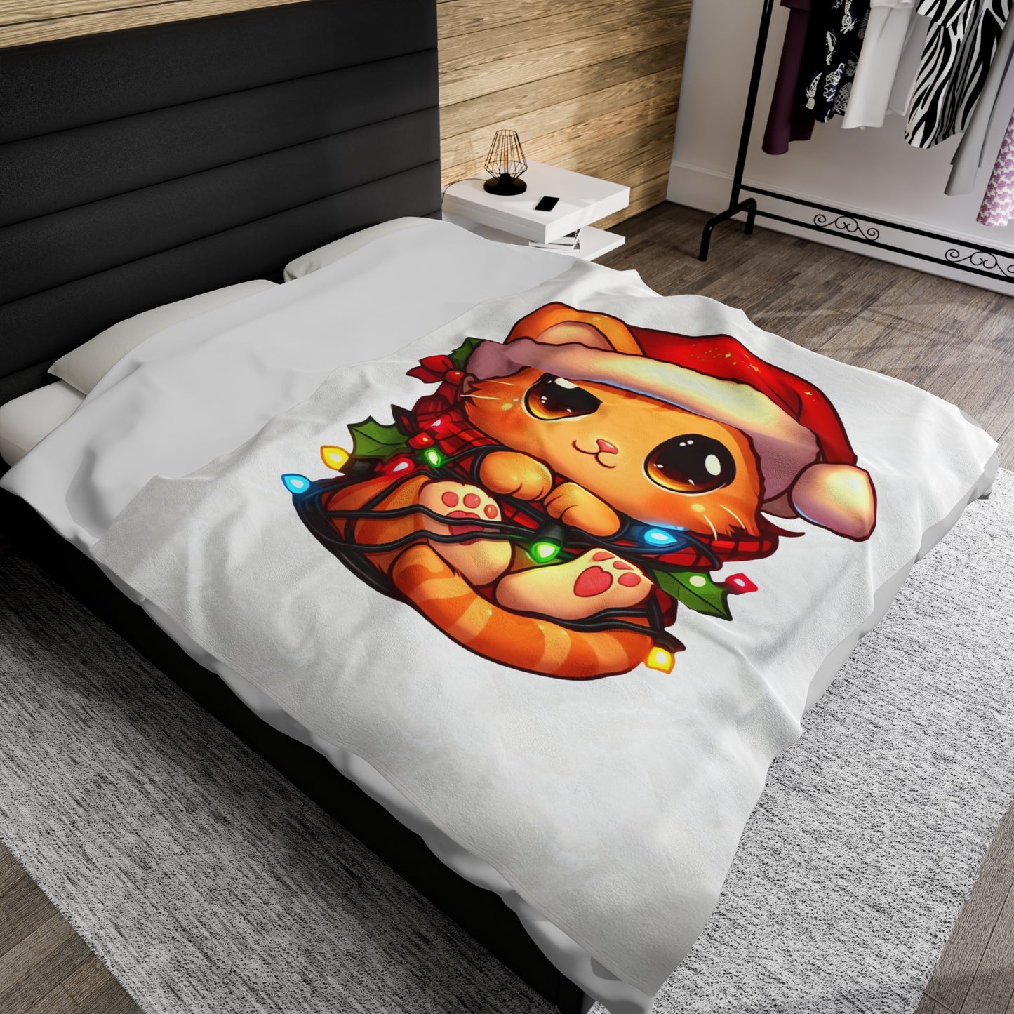 Cute Orange Kitty w/ Christmas Lights Plush Blanket