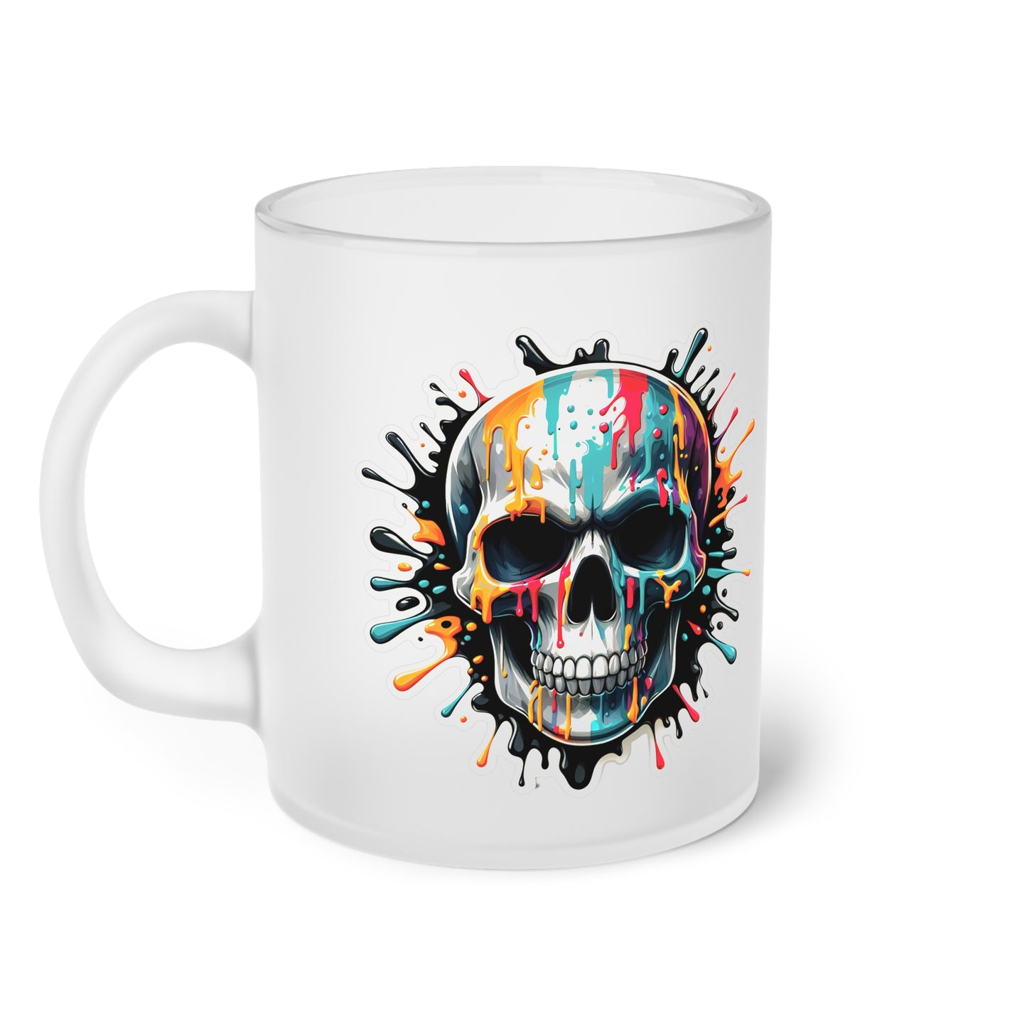 Colorful Skull Paint Splatter Frosted Glass Mug 11oz
