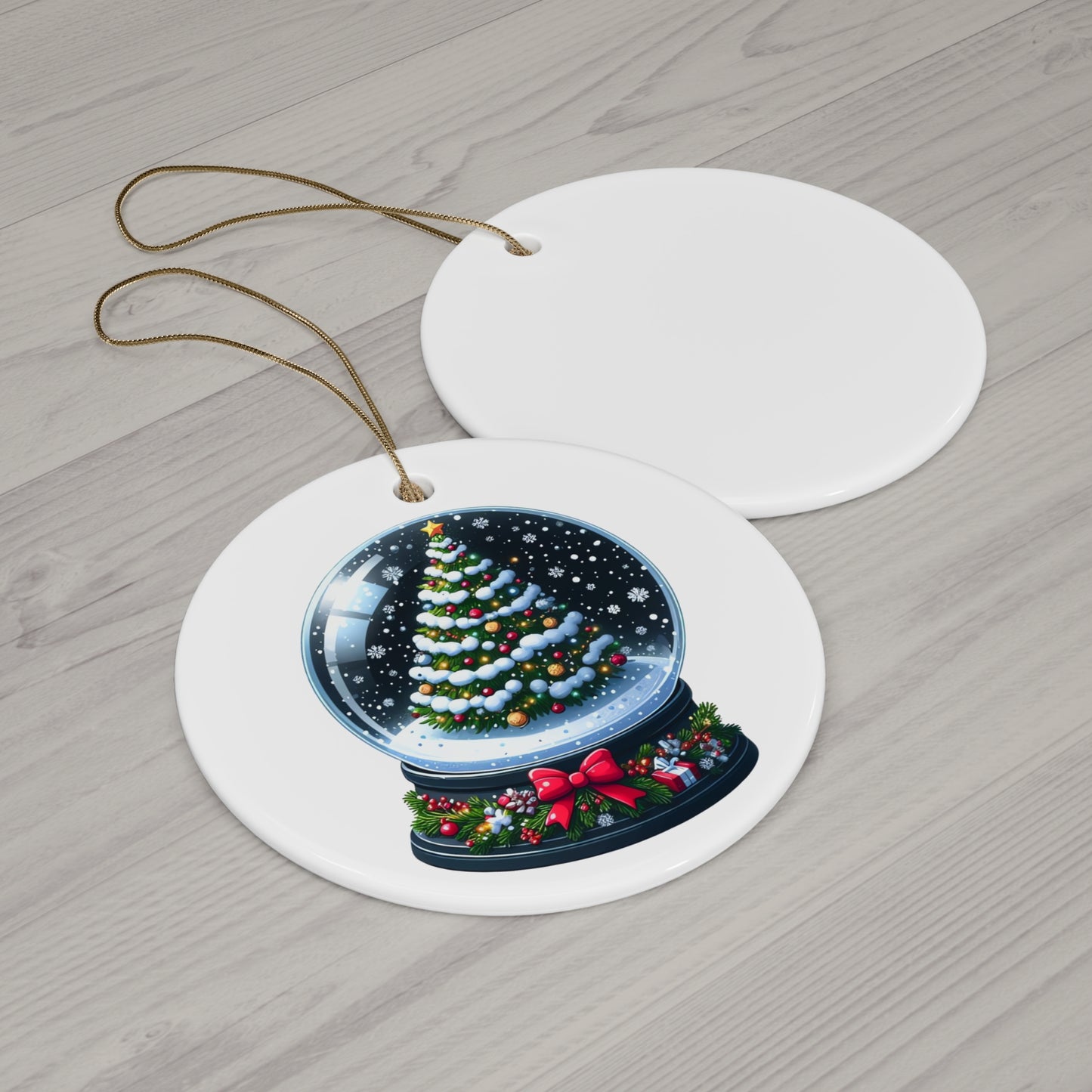 Snow Covered Christmas Tree Snow Globe w/ Bow Ceramic Ornament
