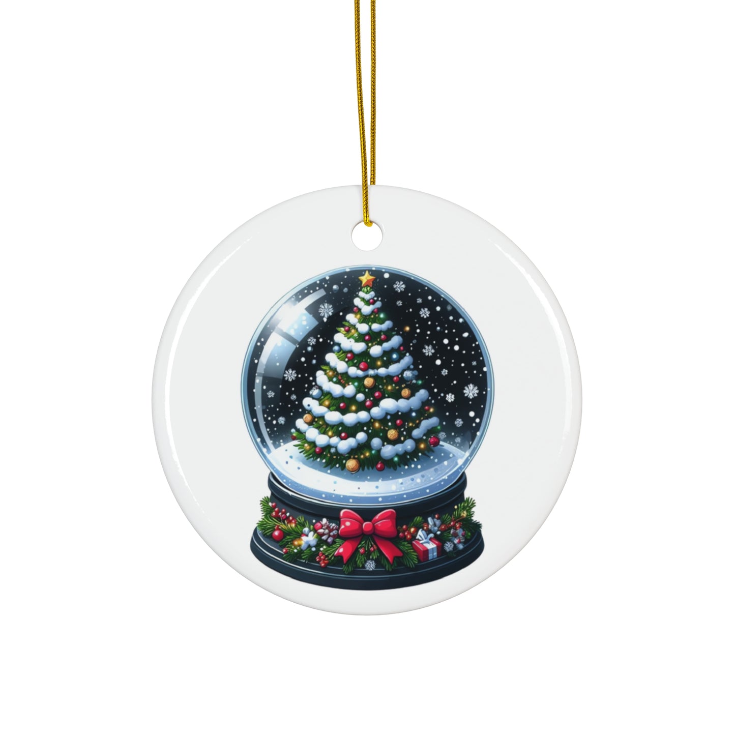 Snow Covered Christmas Tree Snow Globe w/ Bow Ceramic Ornament