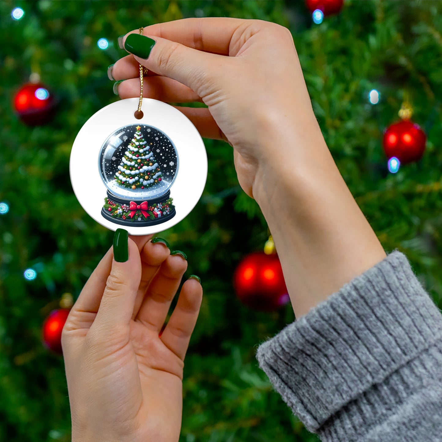 Snow Covered Christmas Tree Snow Globe w/ Bow Ceramic Ornament