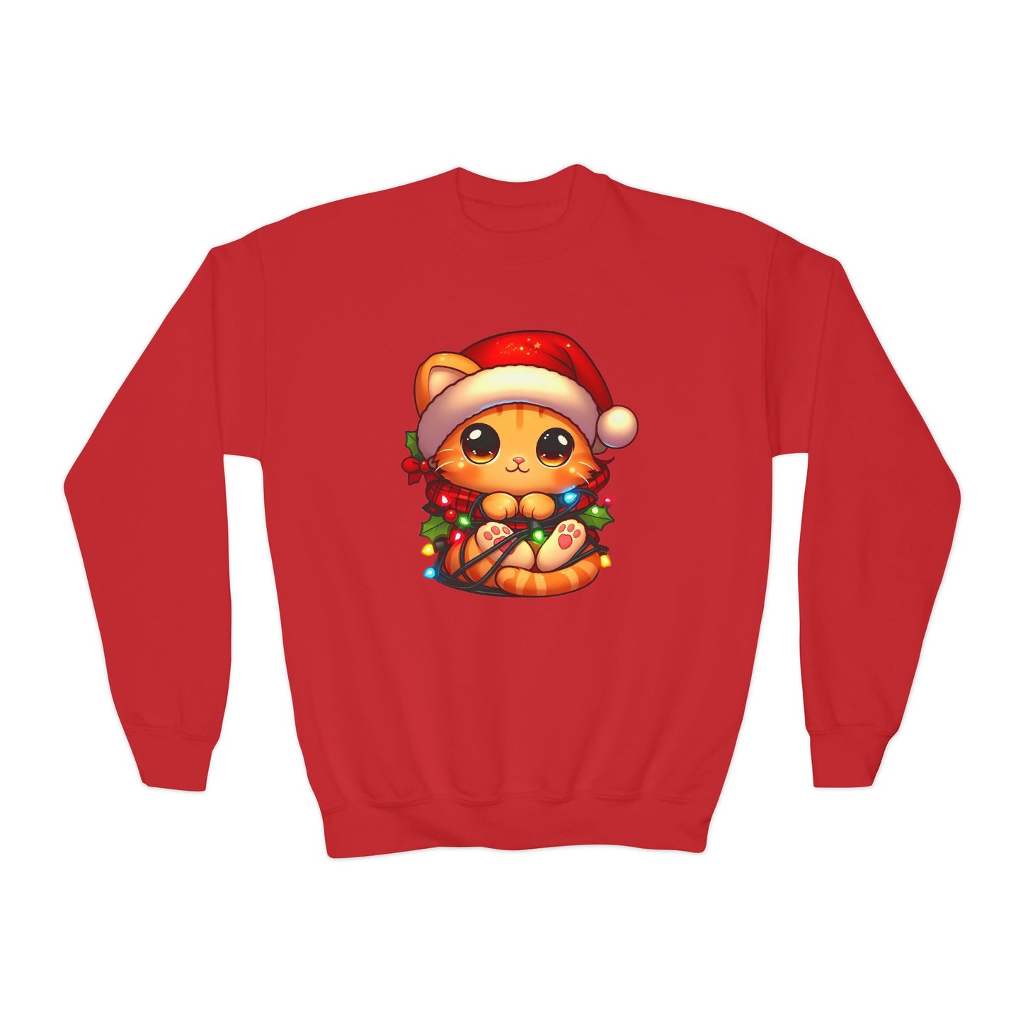 Cute Orange Kitty w/ Christmas Lights Kids Sweatshirt