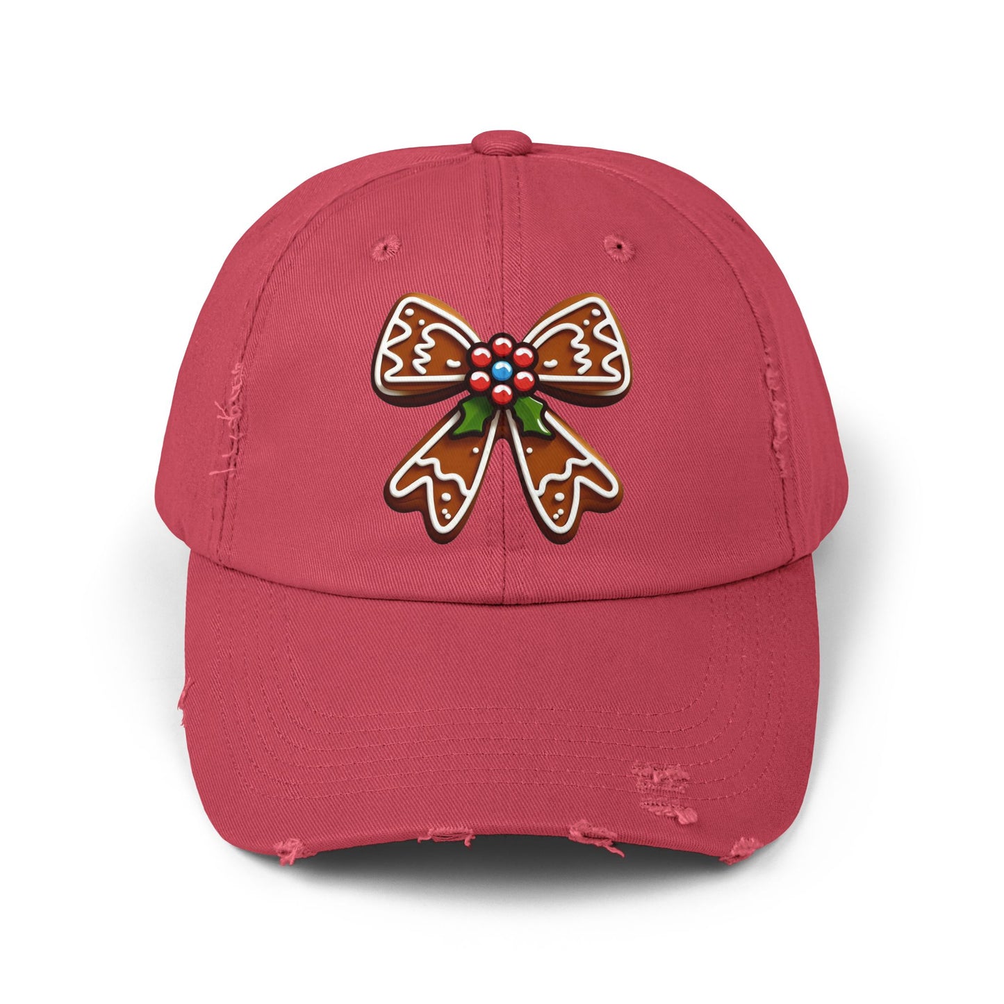 Holly and Gingerbread Bow Distressed Hat