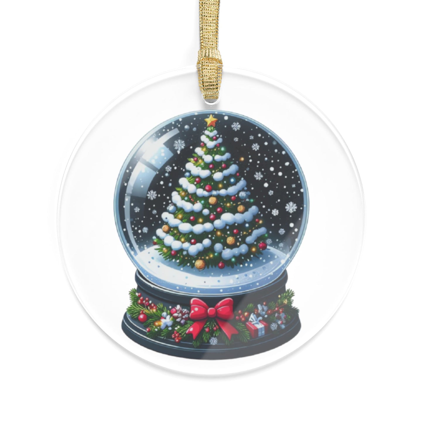 Snow Covered Christmas Tree Snow Globe w/ Bow Acrylic Ornament