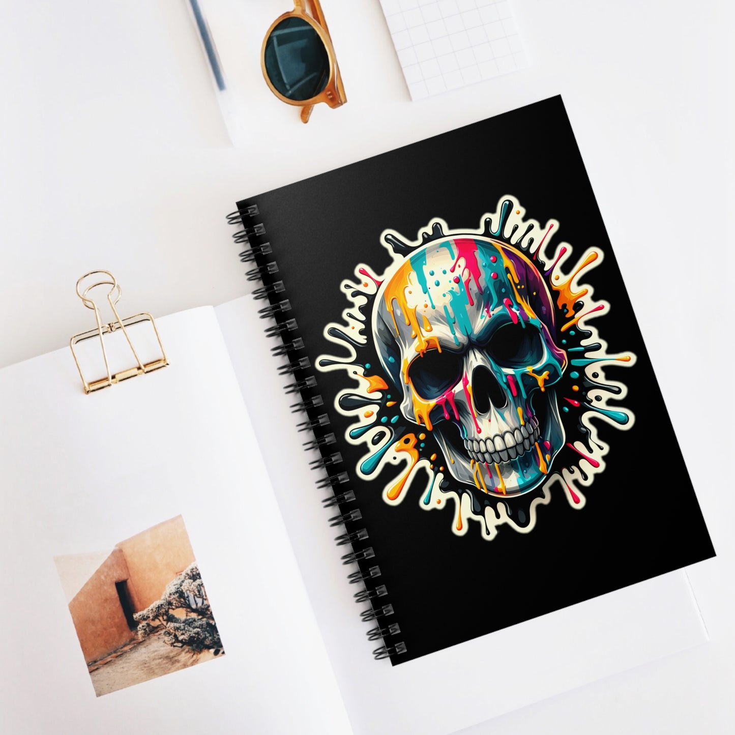 Colorful Skull Paint Splatter Spiral Notebook - Ruled Line