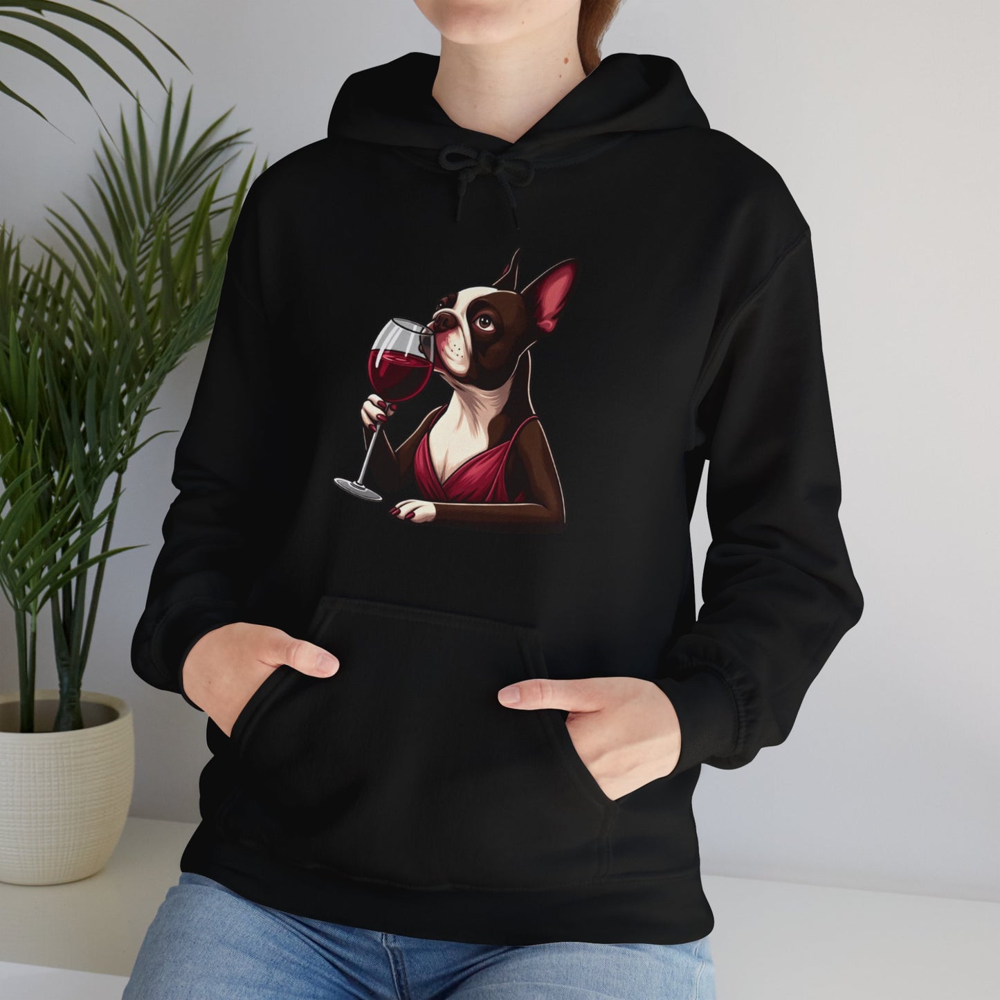 Sophisticated Boston Terrier & Her Wine Hooded Sweatshirt