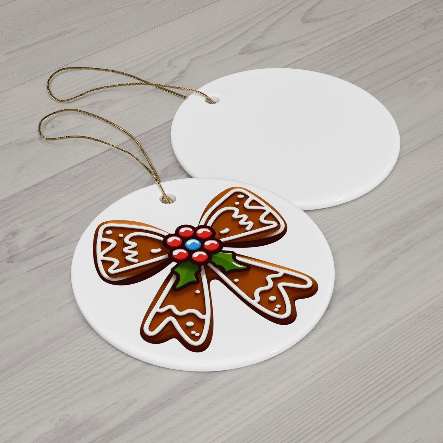 Holly and Gingerbread Bow Ceramic Ornament