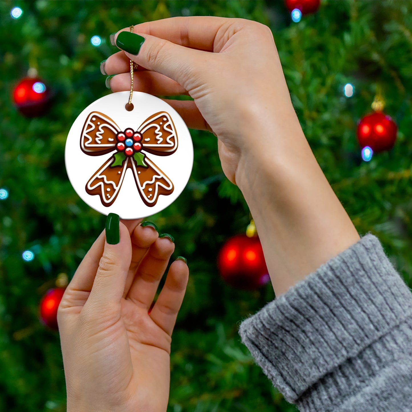 Holly and Gingerbread Bow Ceramic Ornament