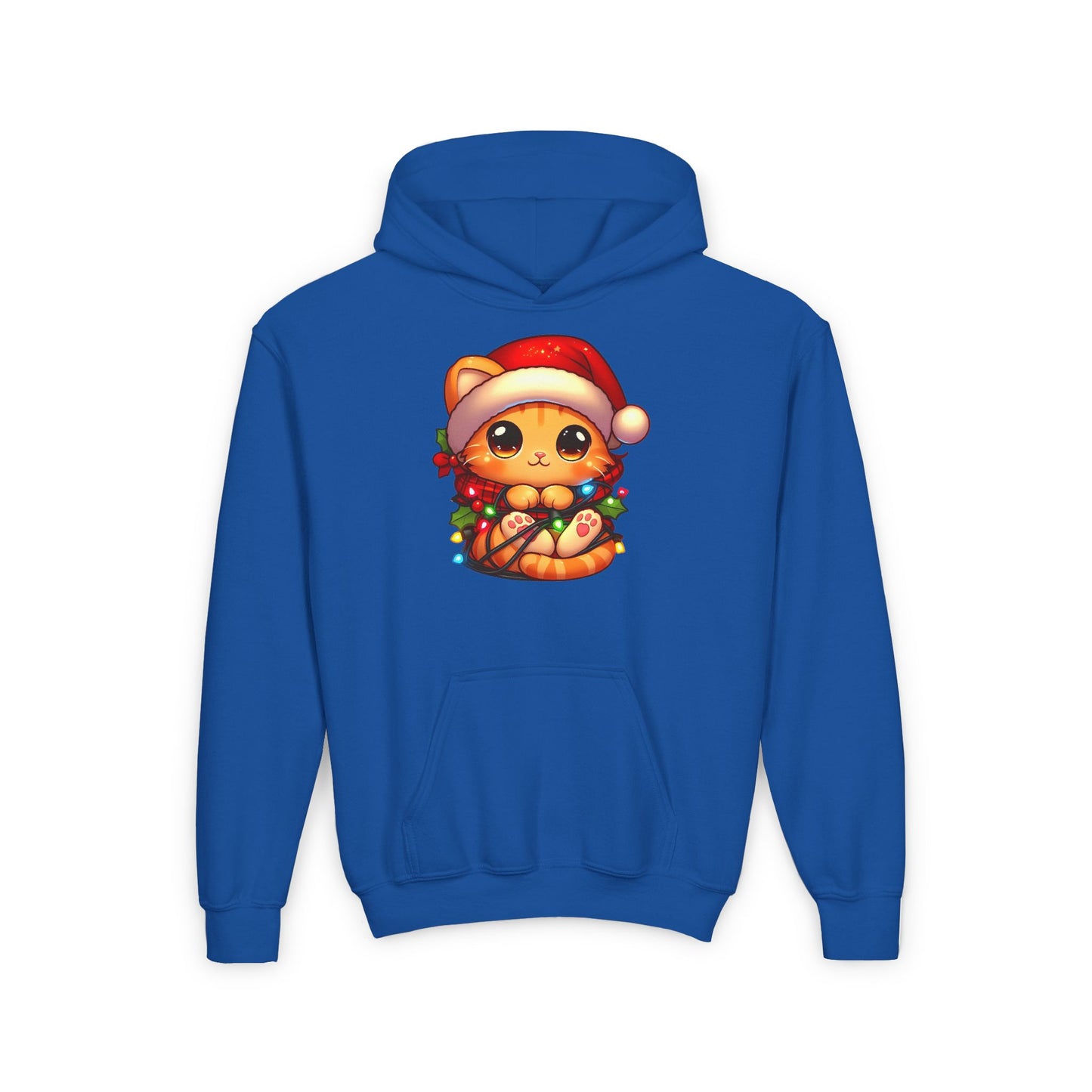 Cute Orange Kitty w/ Christmas Lights Kids Hooded Sweatshirt