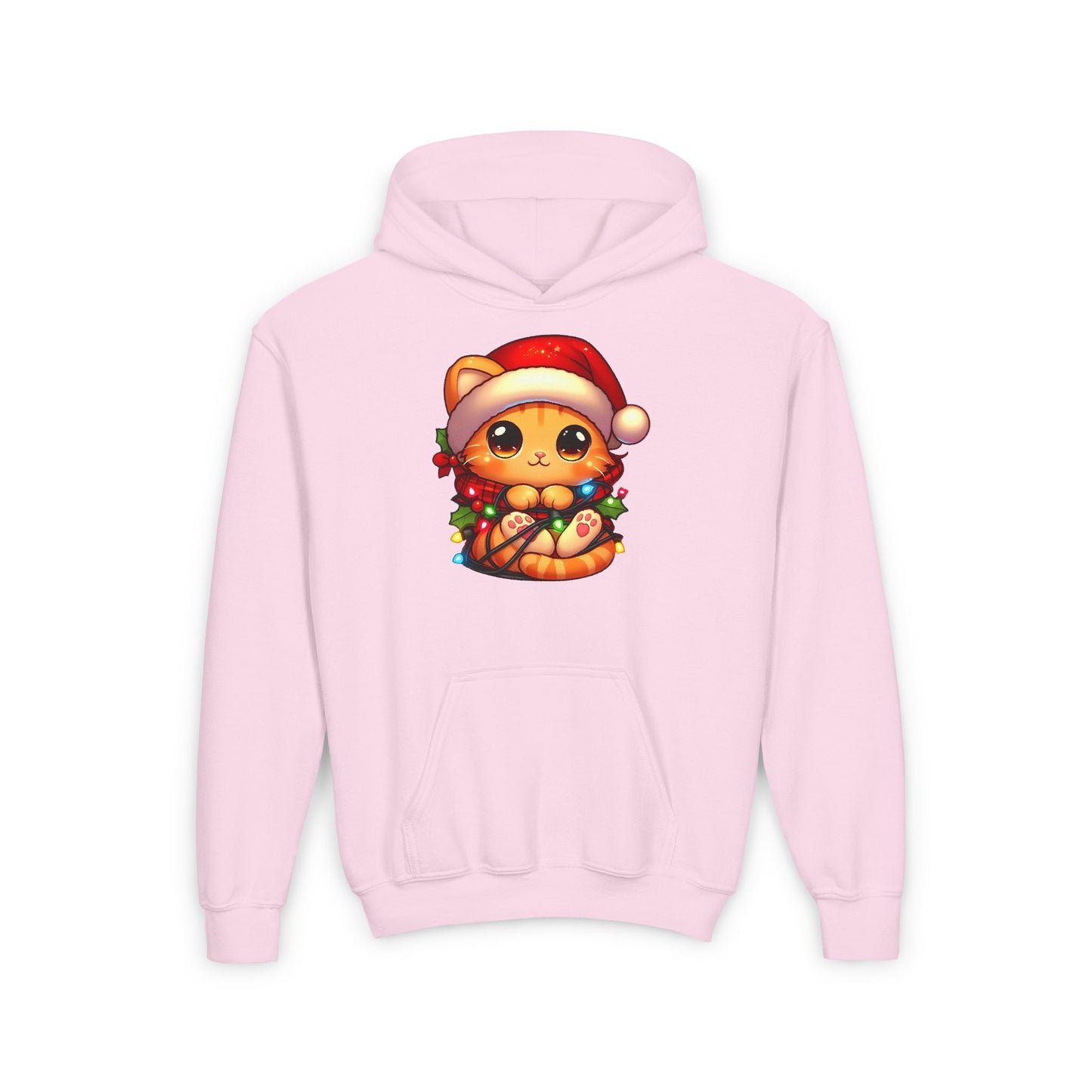 Cute Orange Kitty w/ Christmas Lights Kids Hooded Sweatshirt