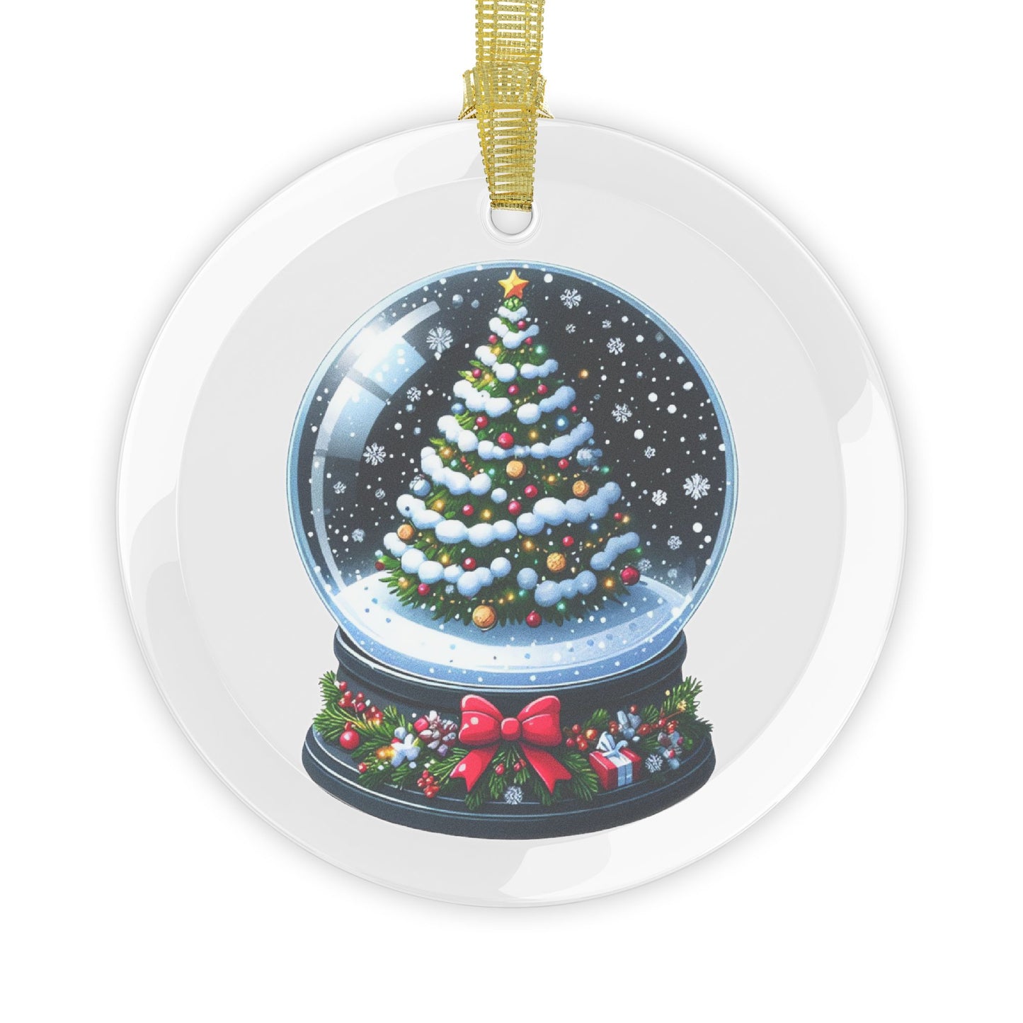 Snow Covered Christmas Tree Snow Globe w/ Bow Glass Ornament