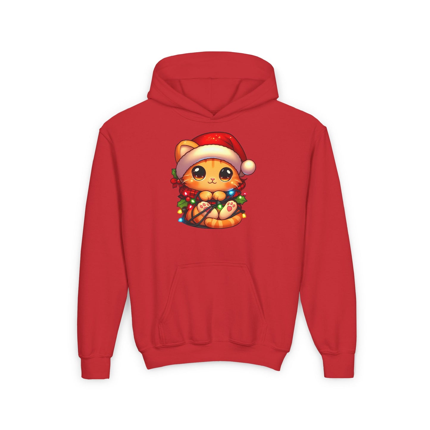 Cute Orange Kitty w/ Christmas Lights Kids Hooded Sweatshirt