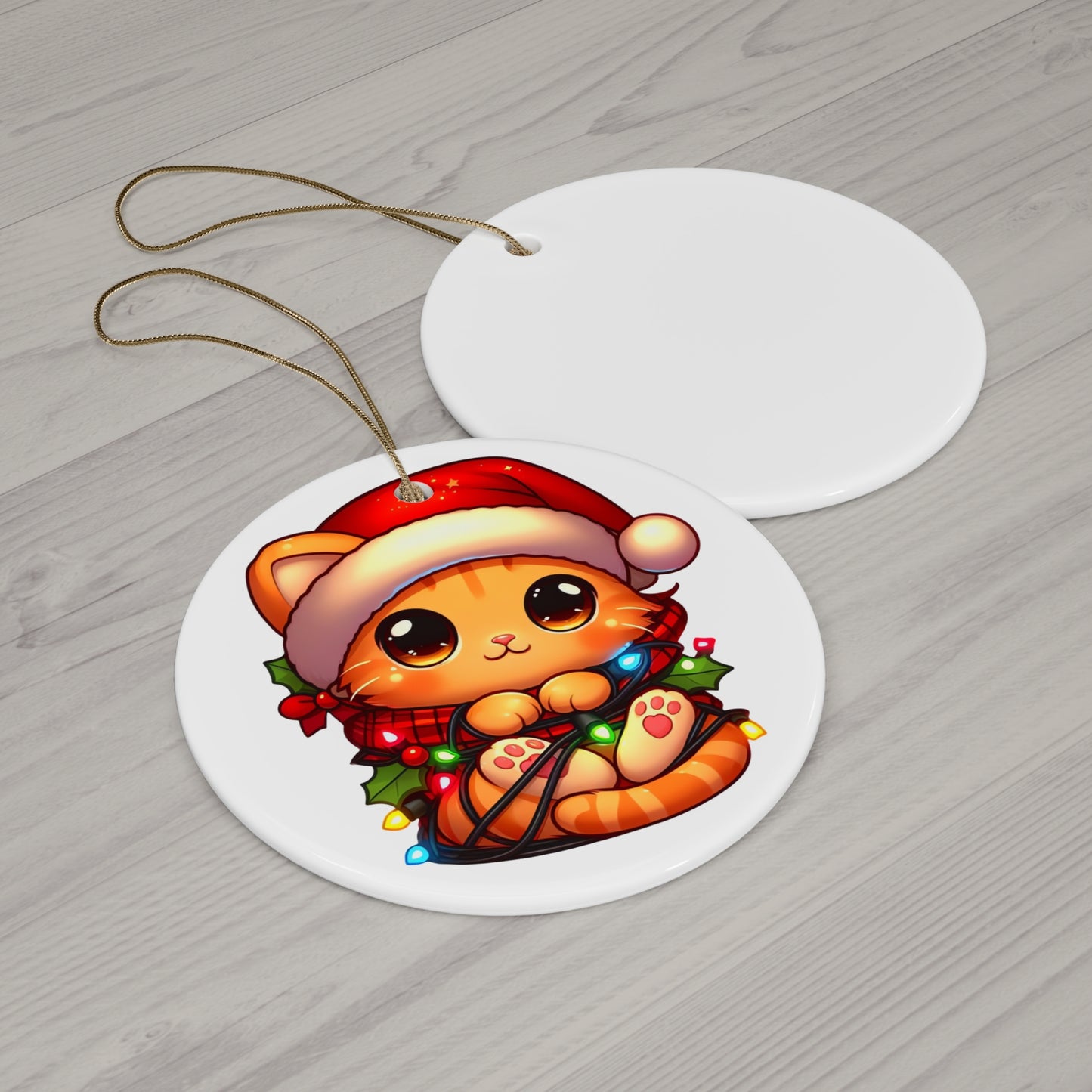 Cute Orange Kitty w/ Christmas Lights Ceramic Ornament