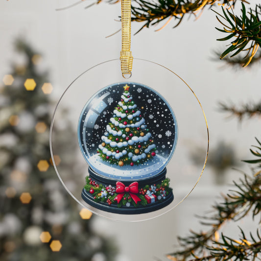 Snow Covered Christmas Tree Snow Globe w/ Bow Acrylic Ornament