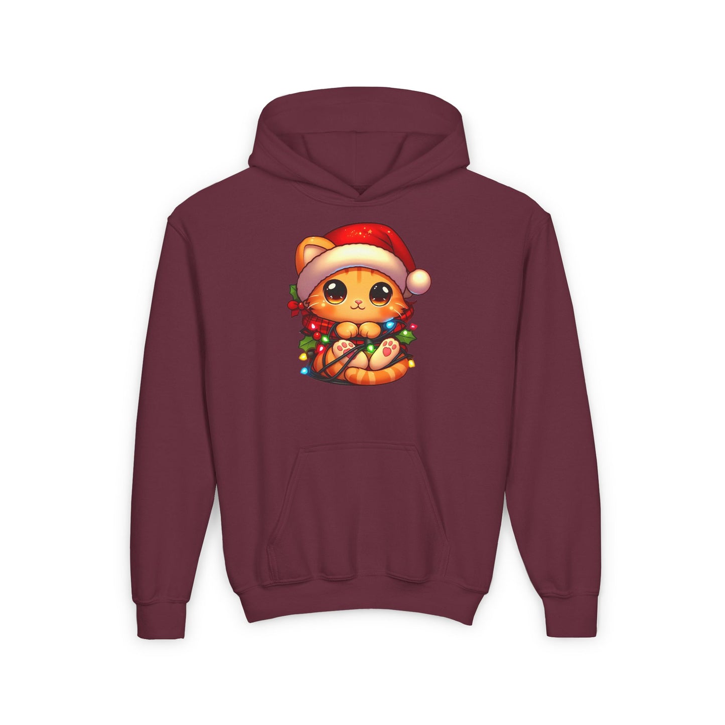 Cute Orange Kitty w/ Christmas Lights Kids Hooded Sweatshirt