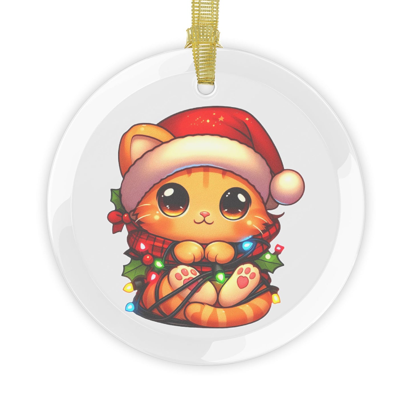 Cute Orange Kitty w/ Christmas Lights Glass Ornament