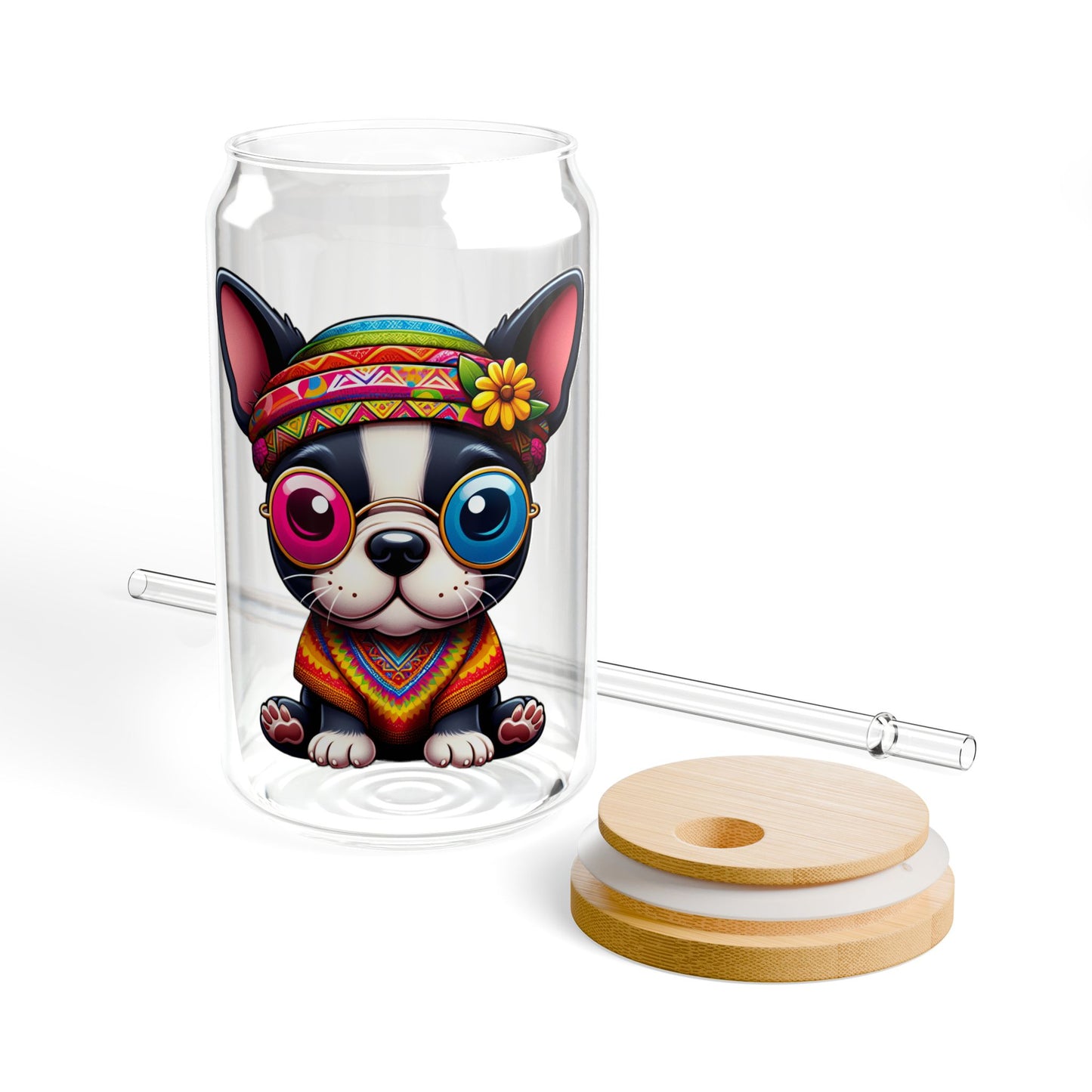 Boston Terrier Hippie Sipper Glass 16oz