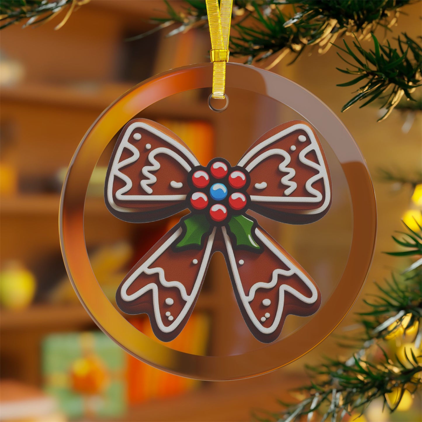 Holly and Gingerbread Bow Glass Ornament