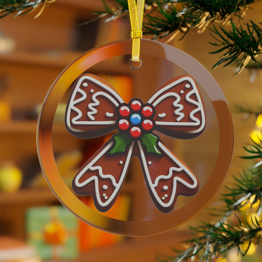 Holly and Gingerbread Bow Glass Ornament