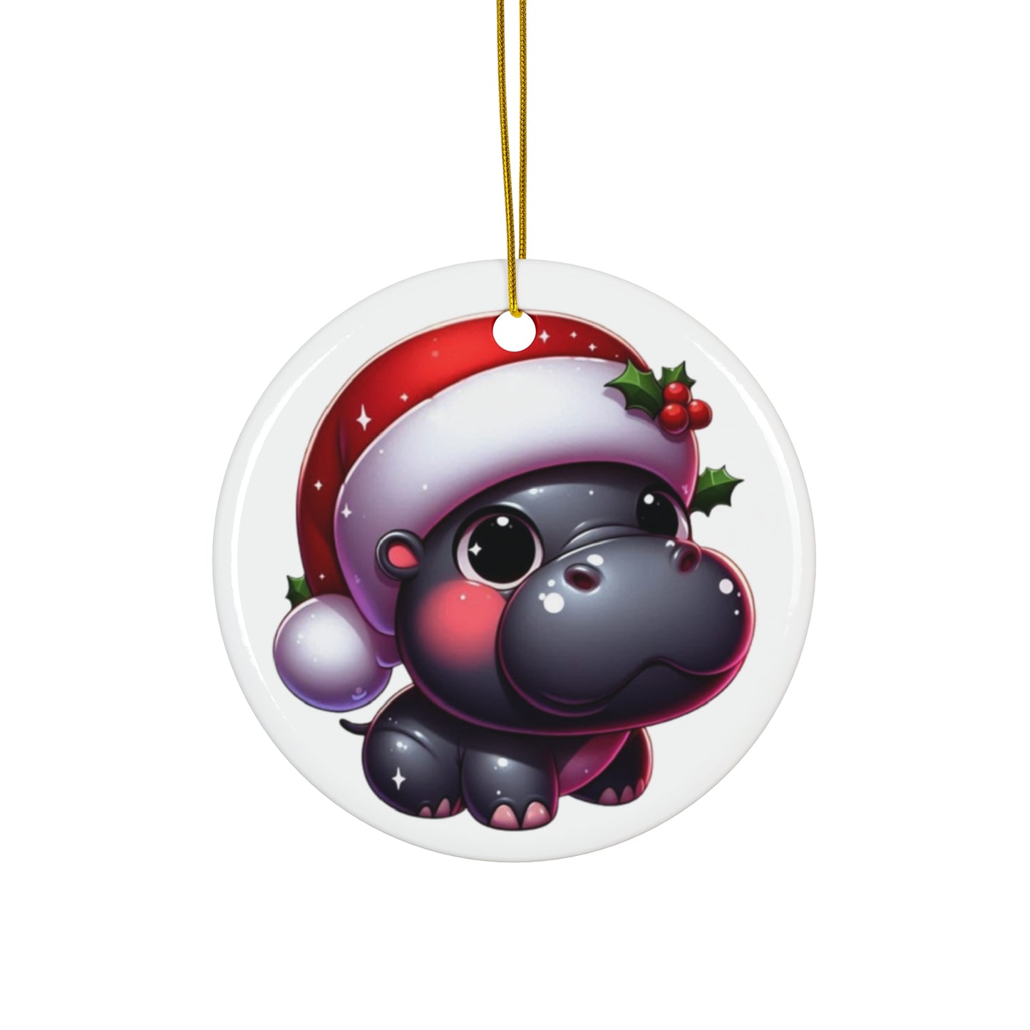 Blushing Santa Hippo w/ Holly Ceramic Ornament