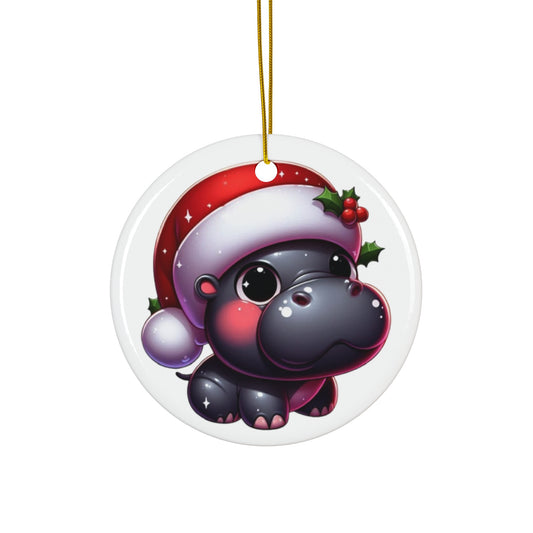 Blushing Santa Hippo w/ Holly Ceramic Ornament