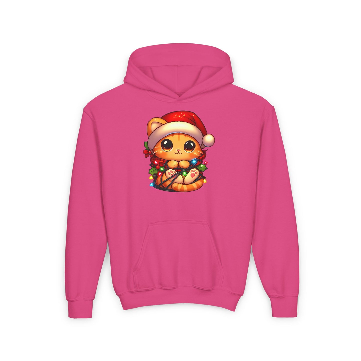 Cute Orange Kitty w/ Christmas Lights Kids Hooded Sweatshirt