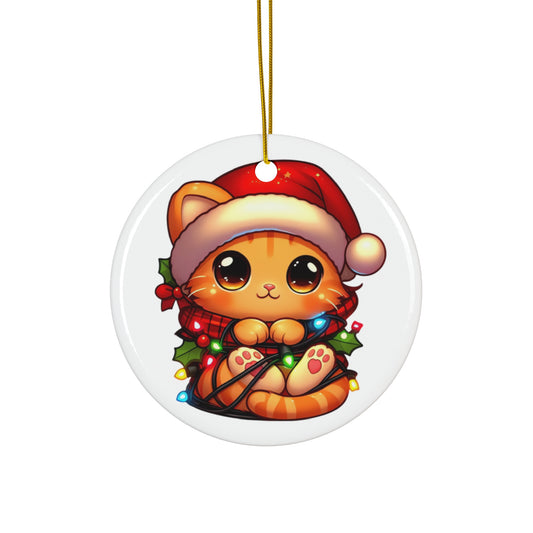 Cute Orange Kitty w/ Christmas Lights Ceramic Ornament