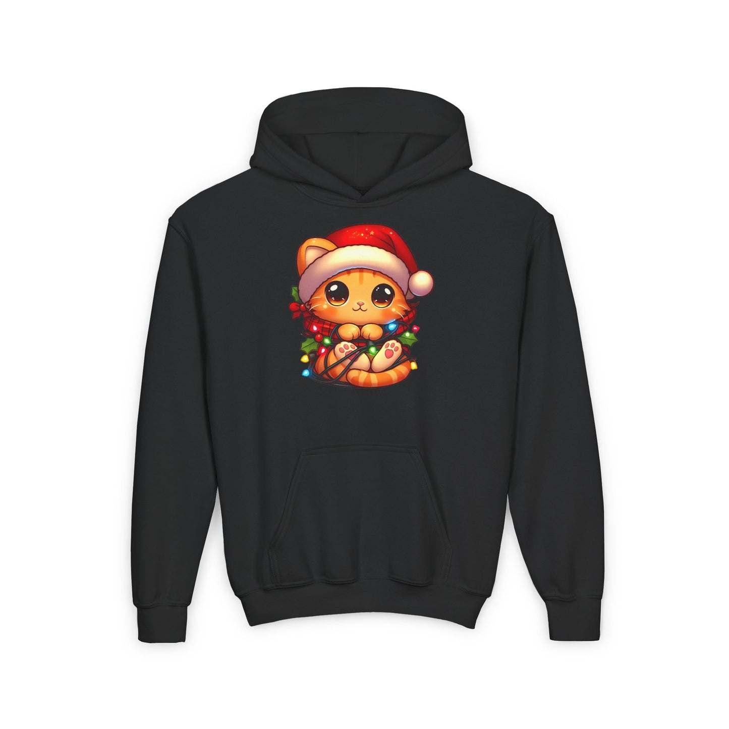 Cute Orange Kitty w/ Christmas Lights Kids Hooded Sweatshirt