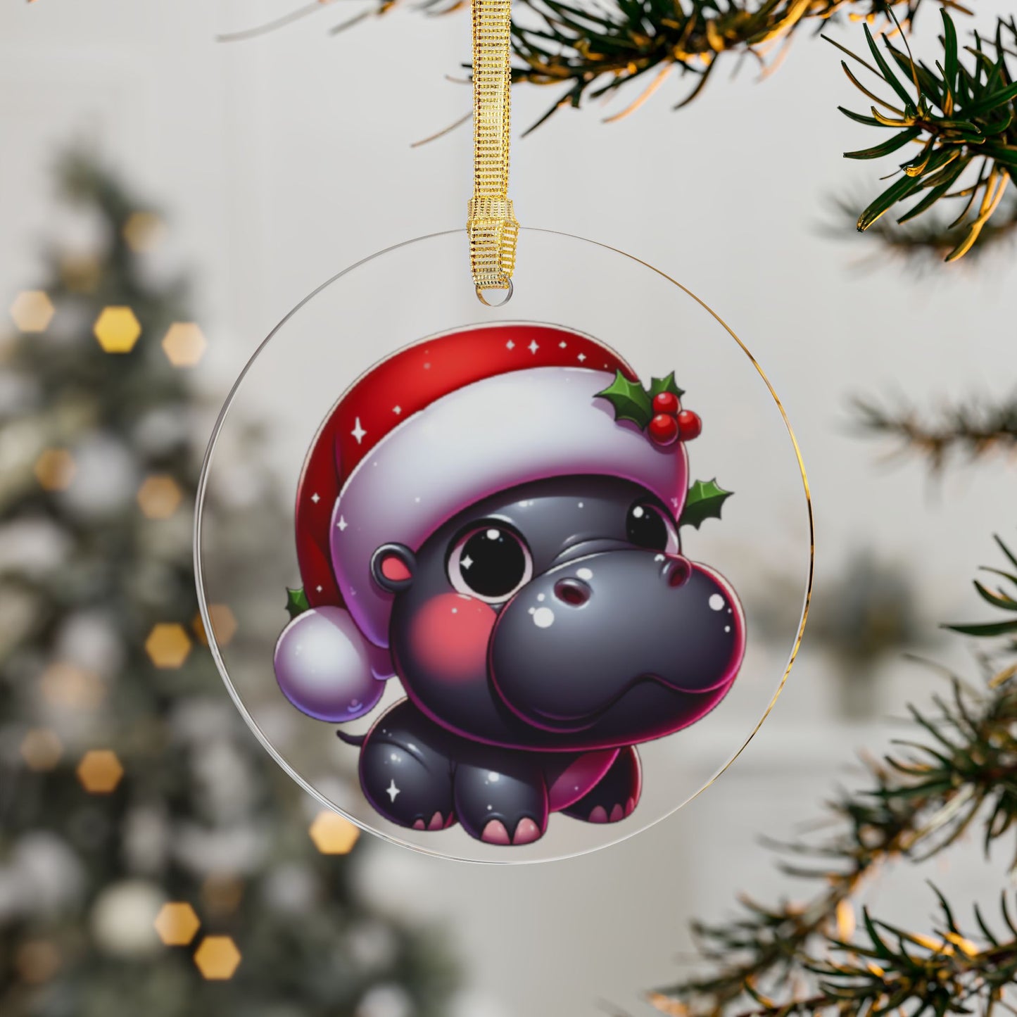 Blushing Santa Hippo w/ Holly Acrylic Ornament