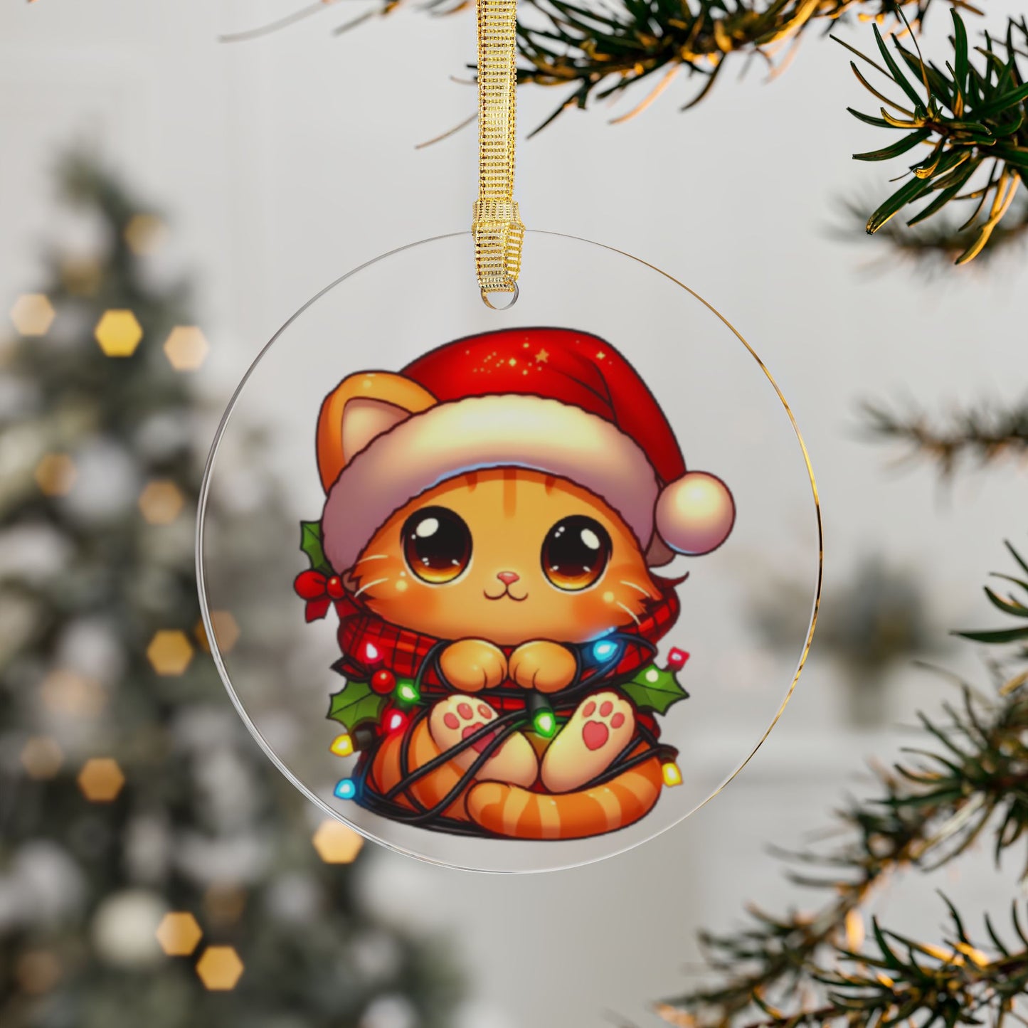 Cute Orange Kitty w/ Christmas Lights Acrylic Ornament