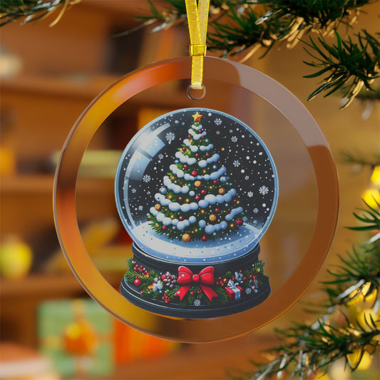 Snow Covered Christmas Tree Snow Globe w/ Bow Glass Ornament