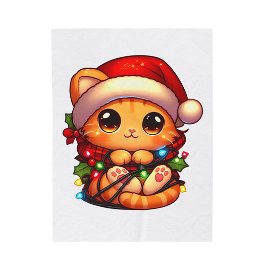 Cute Orange Kitty w/ Christmas Lights Plush Blanket