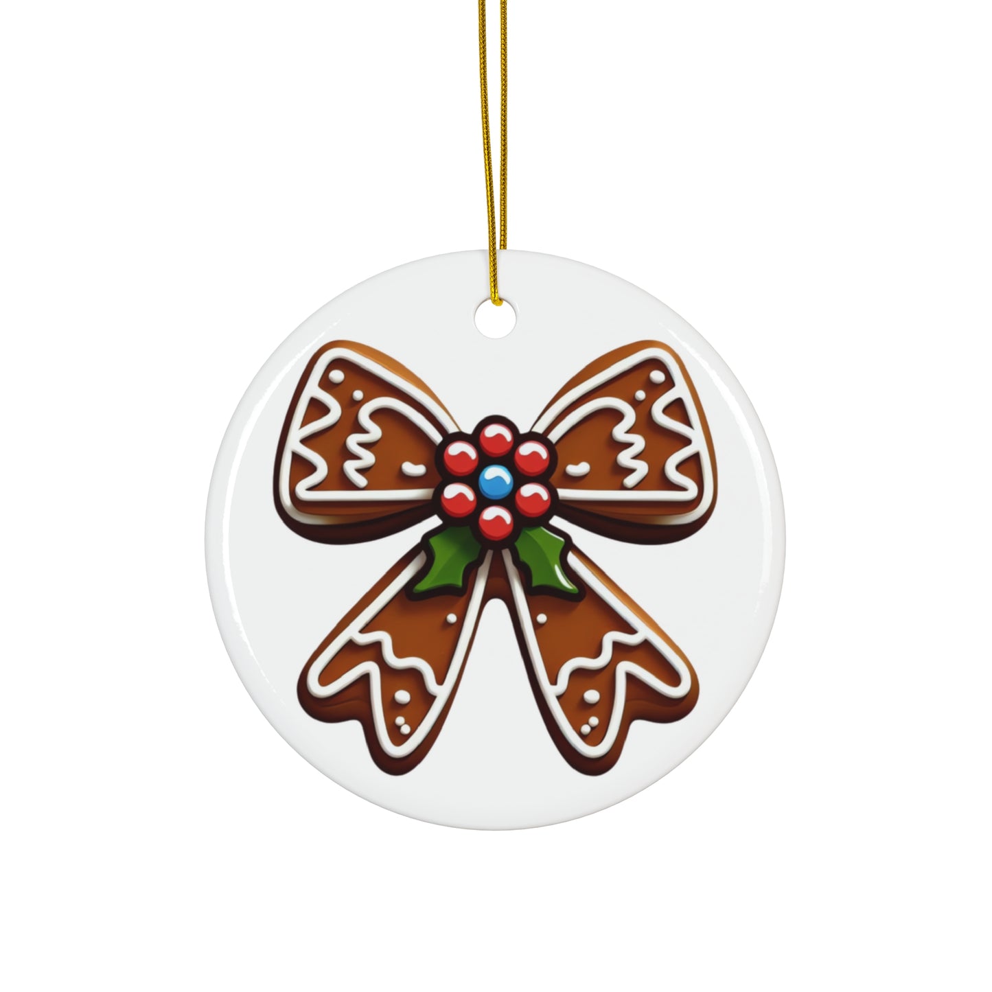 Holly and Gingerbread Bow Ceramic Ornament