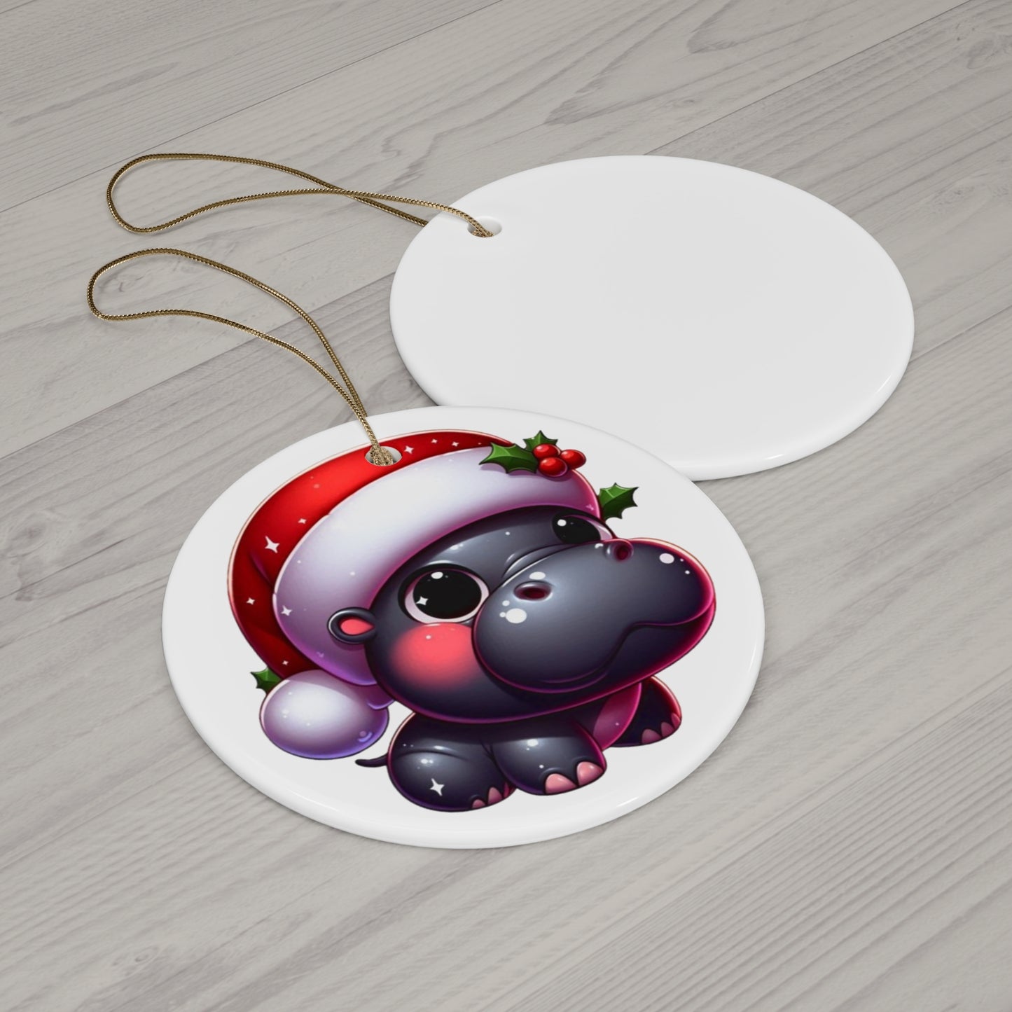 Blushing Santa Hippo w/ Holly Ceramic Ornament