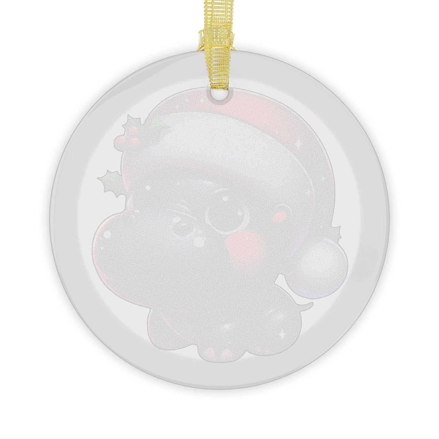 Blushing Santa Hippo w/ Holly Glass Ornament