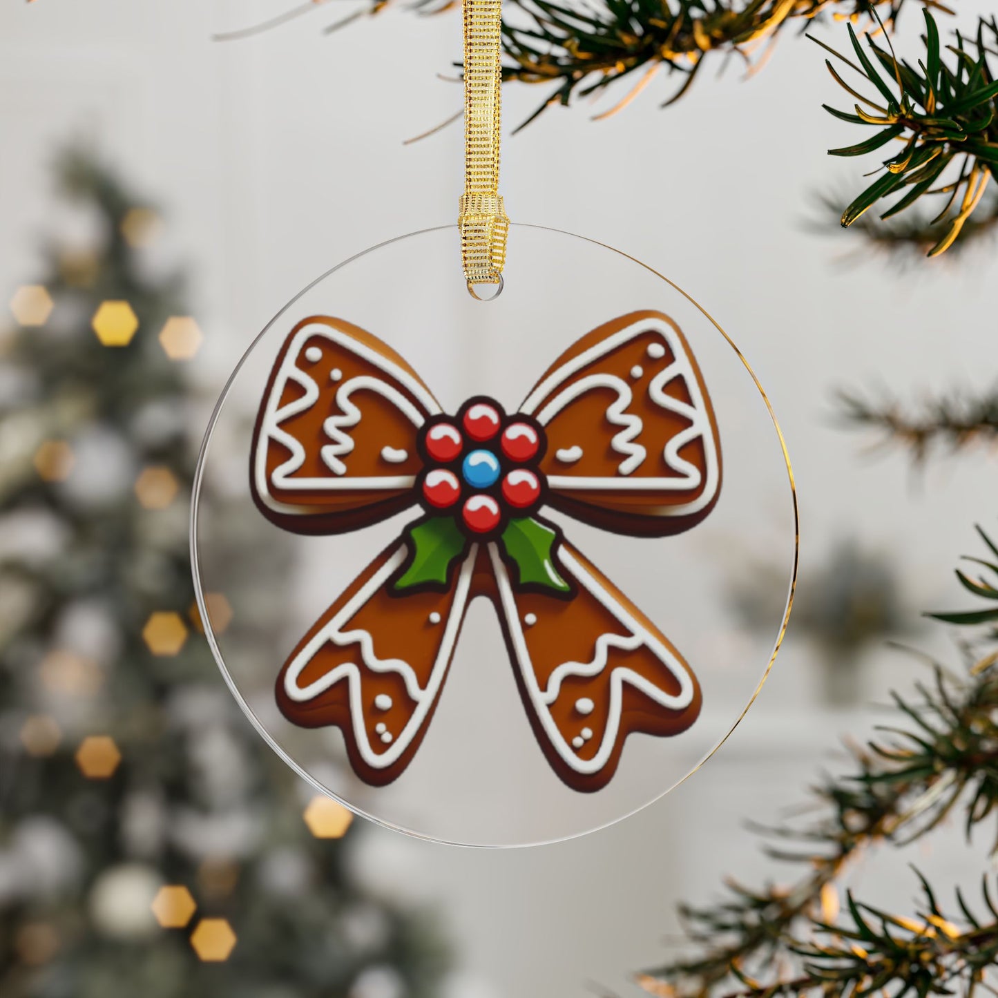 Holly and Gingerbread Bow Acrylic Ornament