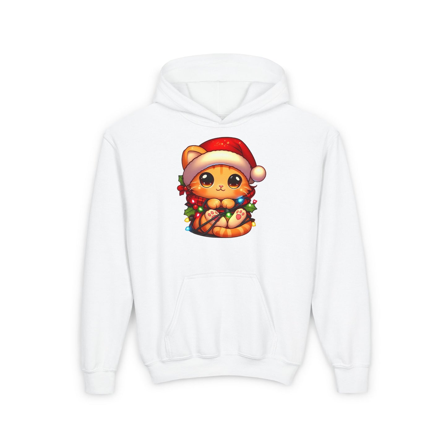 Cute Orange Kitty w/ Christmas Lights Kids Hooded Sweatshirt
