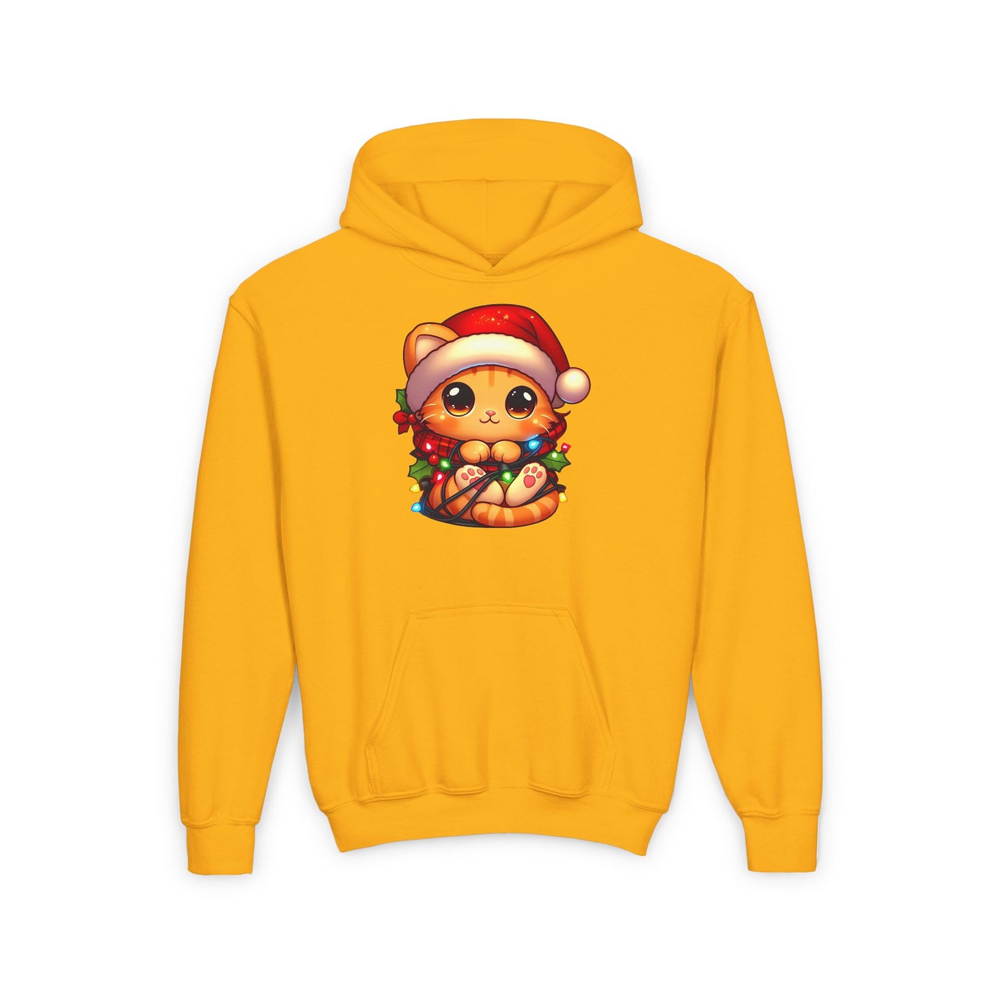 Cute Orange Kitty w/ Christmas Lights Kids Hooded Sweatshirt