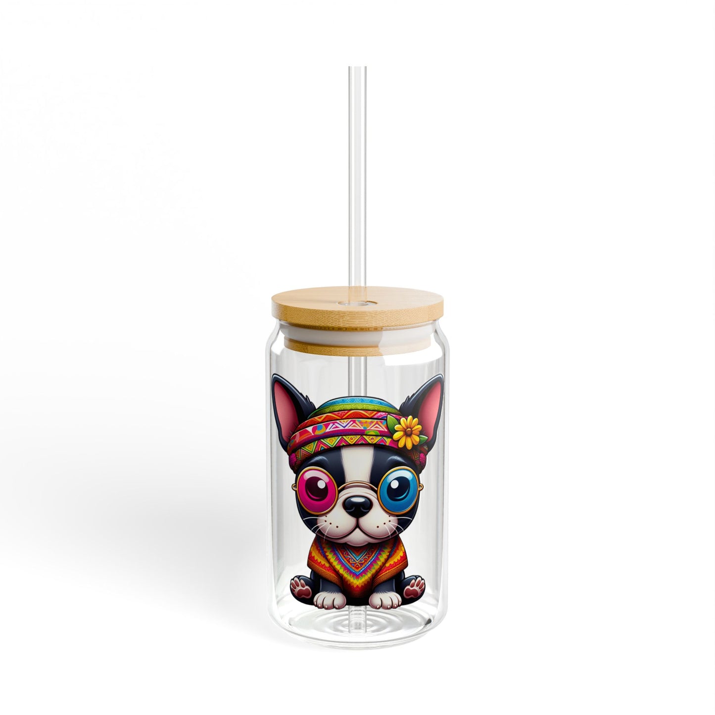 Boston Terrier Hippie Sipper Glass 16oz