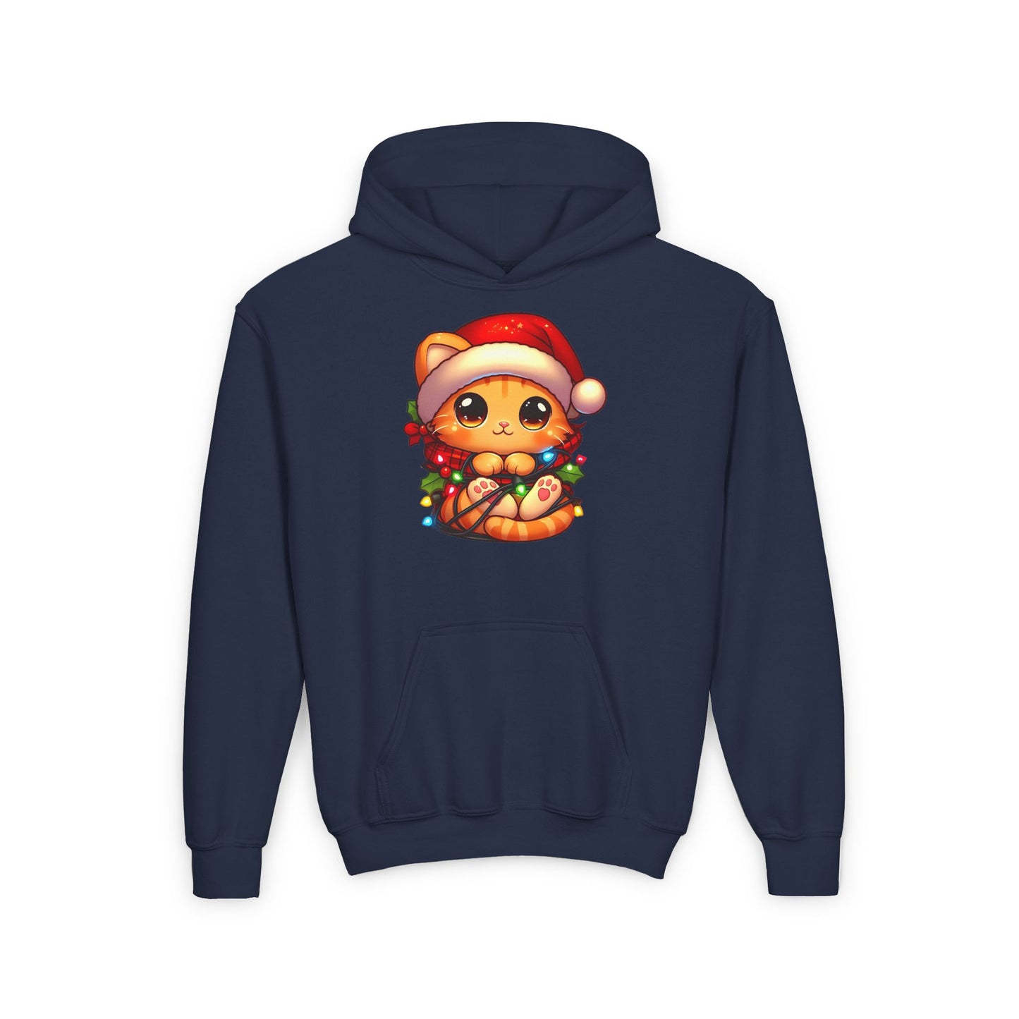 Cute Orange Kitty w/ Christmas Lights Kids Hooded Sweatshirt