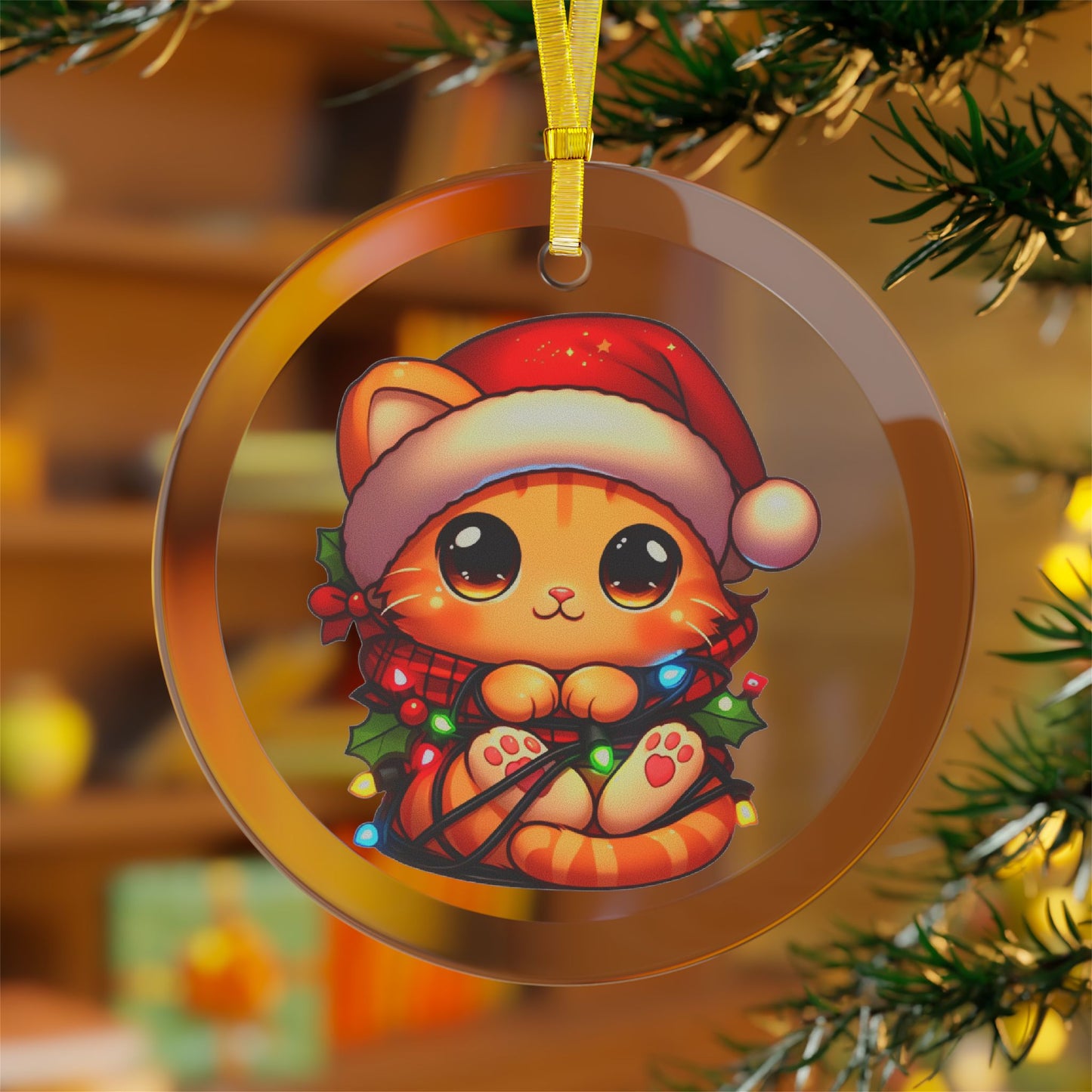 Cute Orange Kitty w/ Christmas Lights Glass Ornament