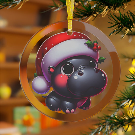 Blushing Santa Hippo w/ Holly Glass Ornament