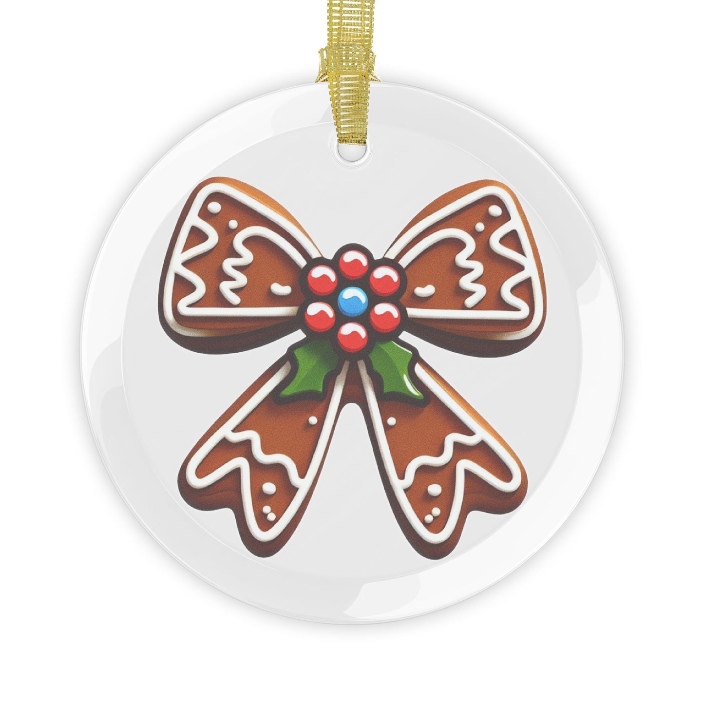 Holly and Gingerbread Bow Glass Ornament