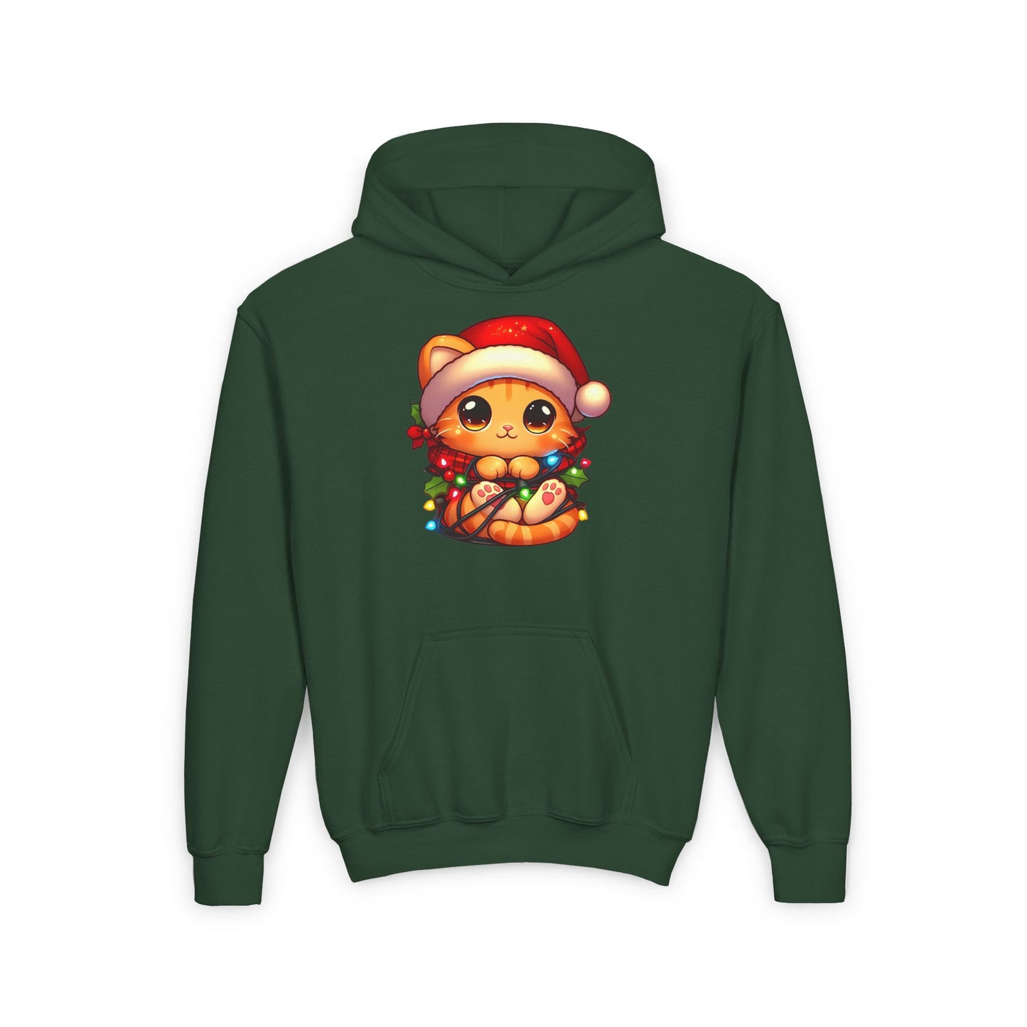 Cute Orange Kitty w/ Christmas Lights Kids Hooded Sweatshirt