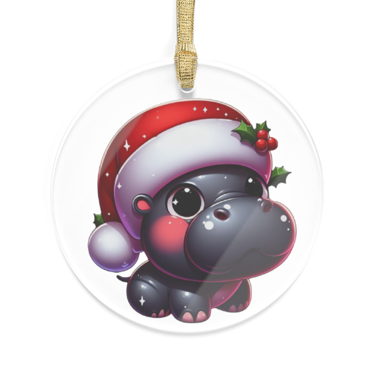 Blushing Santa Hippo w/ Holly Acrylic Ornament