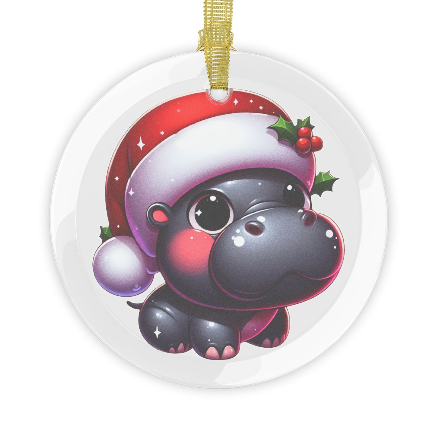 Blushing Santa Hippo w/ Holly Glass Ornament