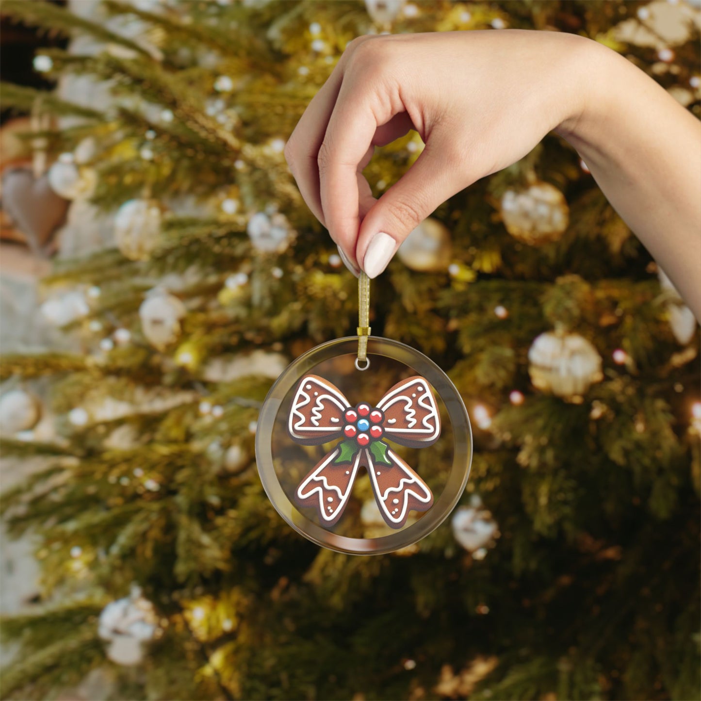 Holly and Gingerbread Bow Glass Ornament