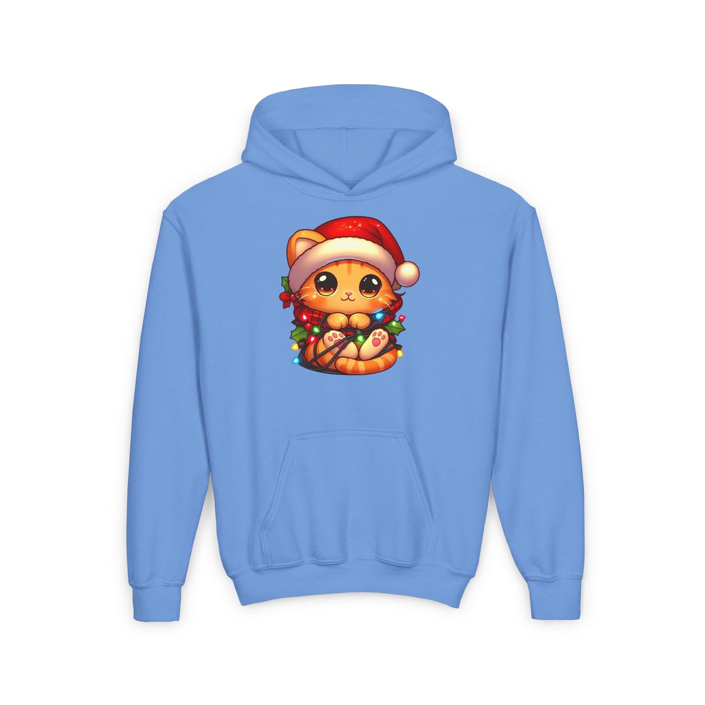 Cute Orange Kitty w/ Christmas Lights Kids Hooded Sweatshirt
