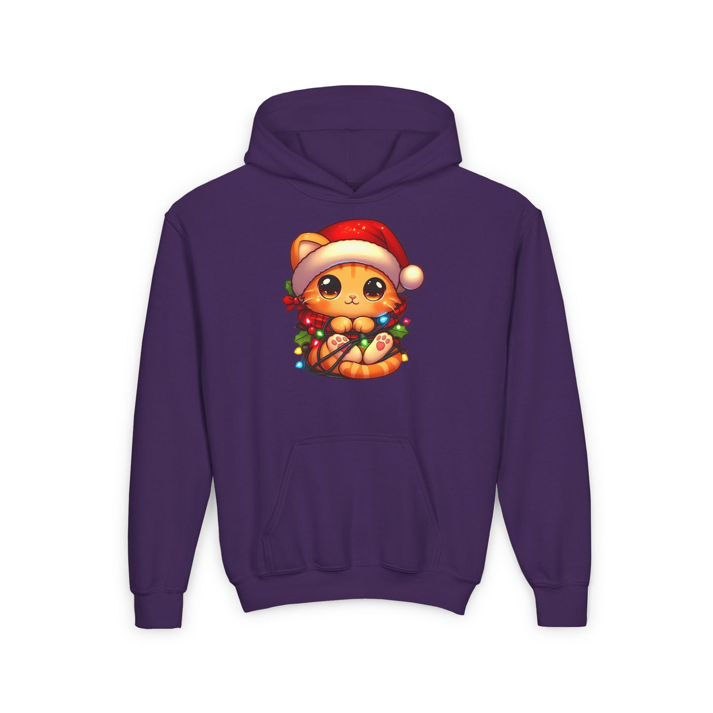 Cute Orange Kitty w/ Christmas Lights Kids Hooded Sweatshirt